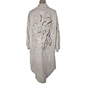 NWT Embroidered Long Kimono Duster Beige Open Front Sequin Boho Peasant